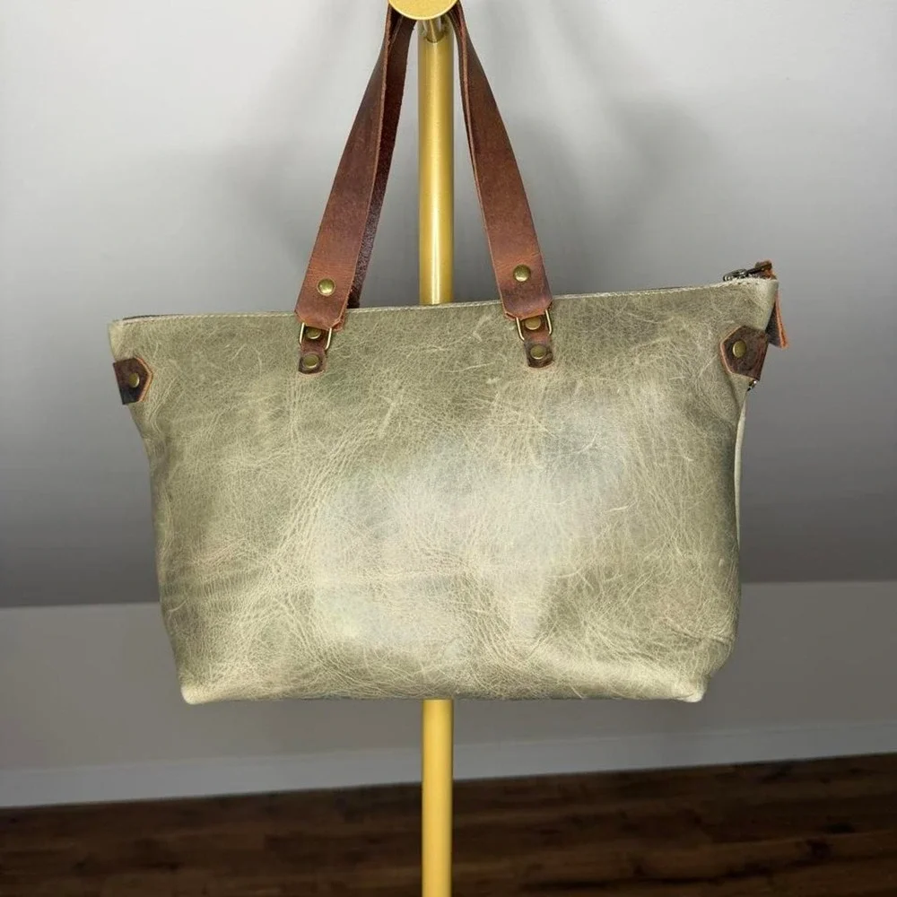 In Blue Distressed Leather Tote Bag Boho Moto Indie Sleaze Mixed Chain Purse